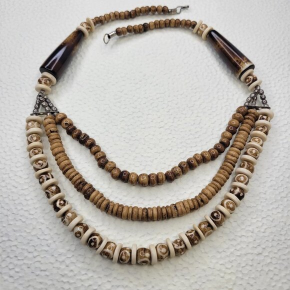 Multistrand Wooden Bead Necklace, Wood Inspired necklace  & earrings Set - Picture 5 of 14
